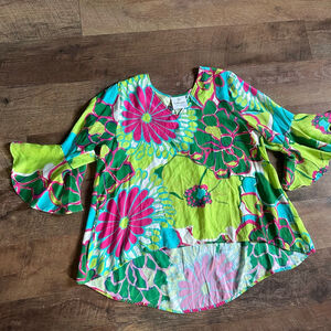 Women's LaRoque Green Pink Floral Silk Tunic Top
